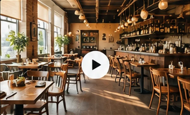 Warm, sunlit restaurant dining room with a bar