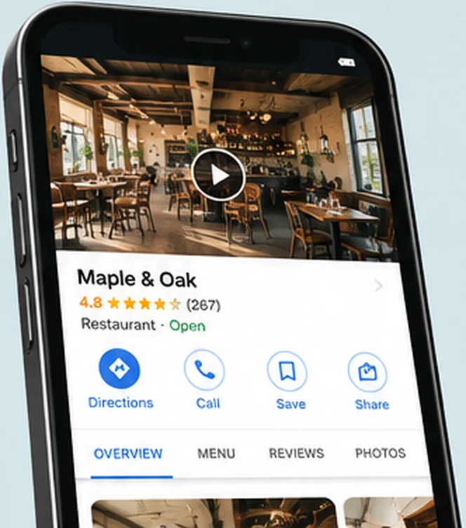 A Google Maps business profile on a phone with a walk-through video at the top