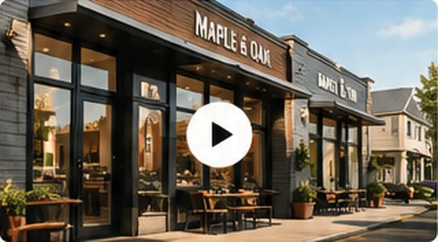 Restaurant storefront with a play button